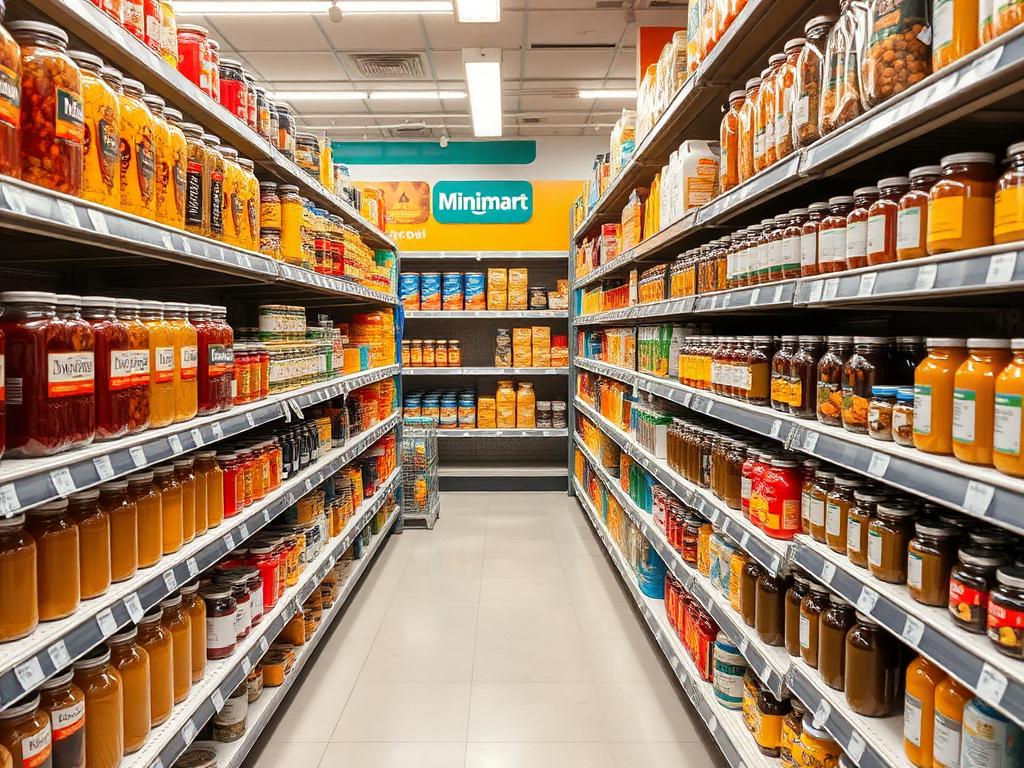 Stocked minimart grocery shelves